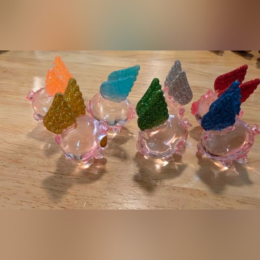 7 Glass Pig Figurines with Glitter Wings